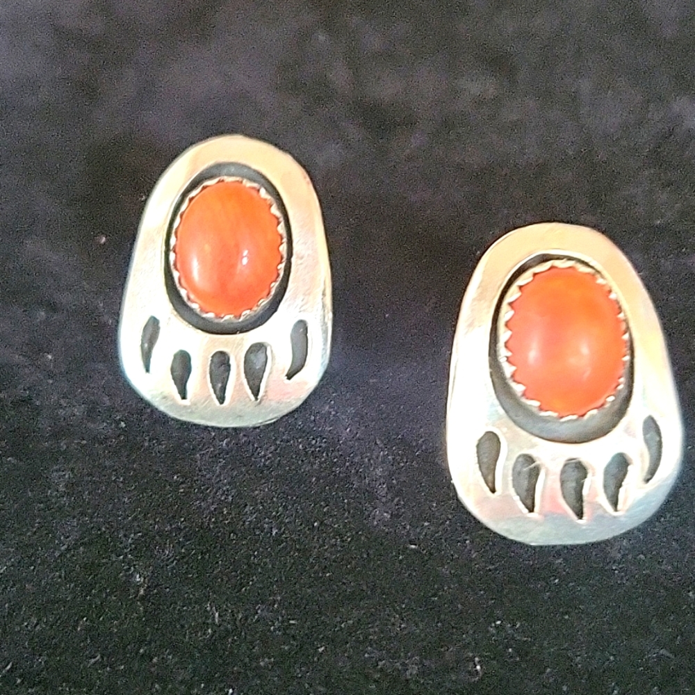 NICE STERLING SILVER & CORAL BEAR PAW EARRINGS
